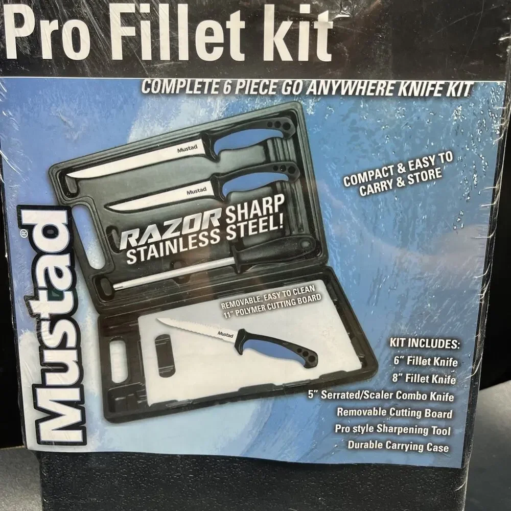 Mustad Pro Fillet Kit Stainless Steel 3 knives 6 pc with Hard Carry Case Sealed